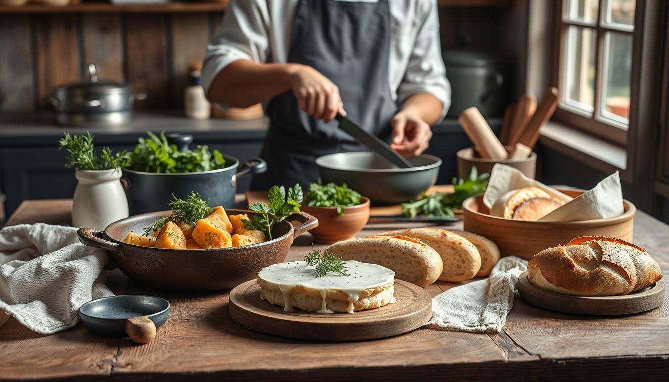 Measured baking ingredients prepared on a counter